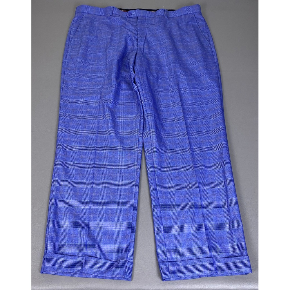 Bocaccio Dress Pants Men's Size 42x30 Blue Glen Plaid Flat Front Cuffed Rayon*